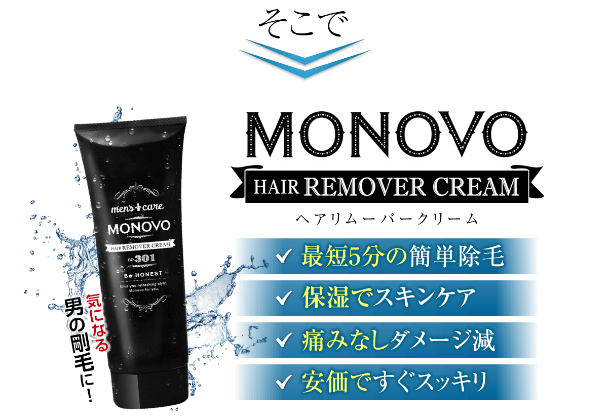 MONOVOヘアリムーバークリーム。１０分の簡単脱毛、保湿でスキンケア。痛みなしダメージ減。安価ですぐスッキリ！